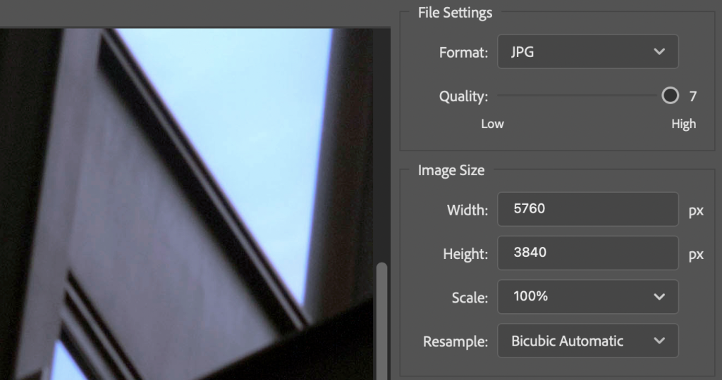 Screen capture showing adjustment of the Export As JPEG Quality slider.